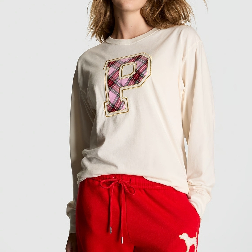 PINK Victoria's Secret Cream Tee with Plaid 'P'